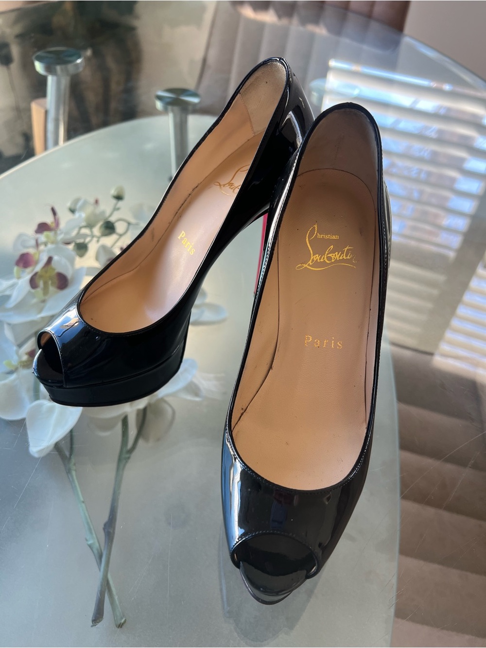 Christian Louboutin Black Patent Peep-Toe Heels with Red Soles